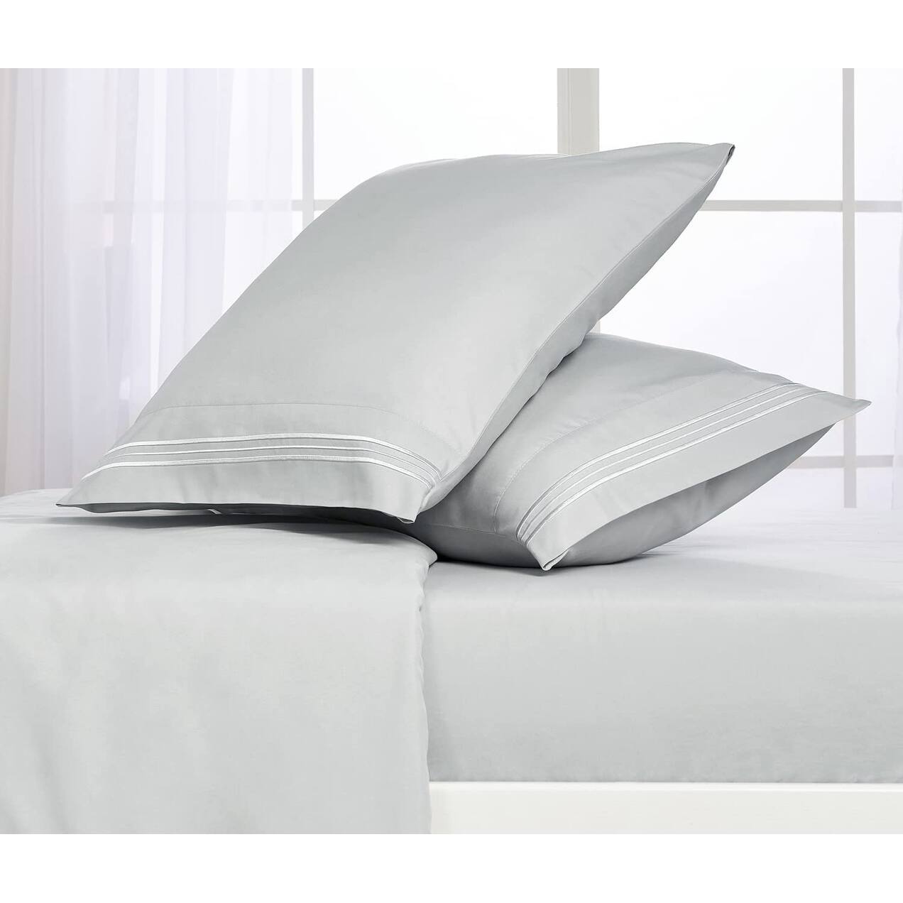 4 PC Light Grey Sheet Set 2000 Embroidery Soft Cozy 12" Deep Pocket